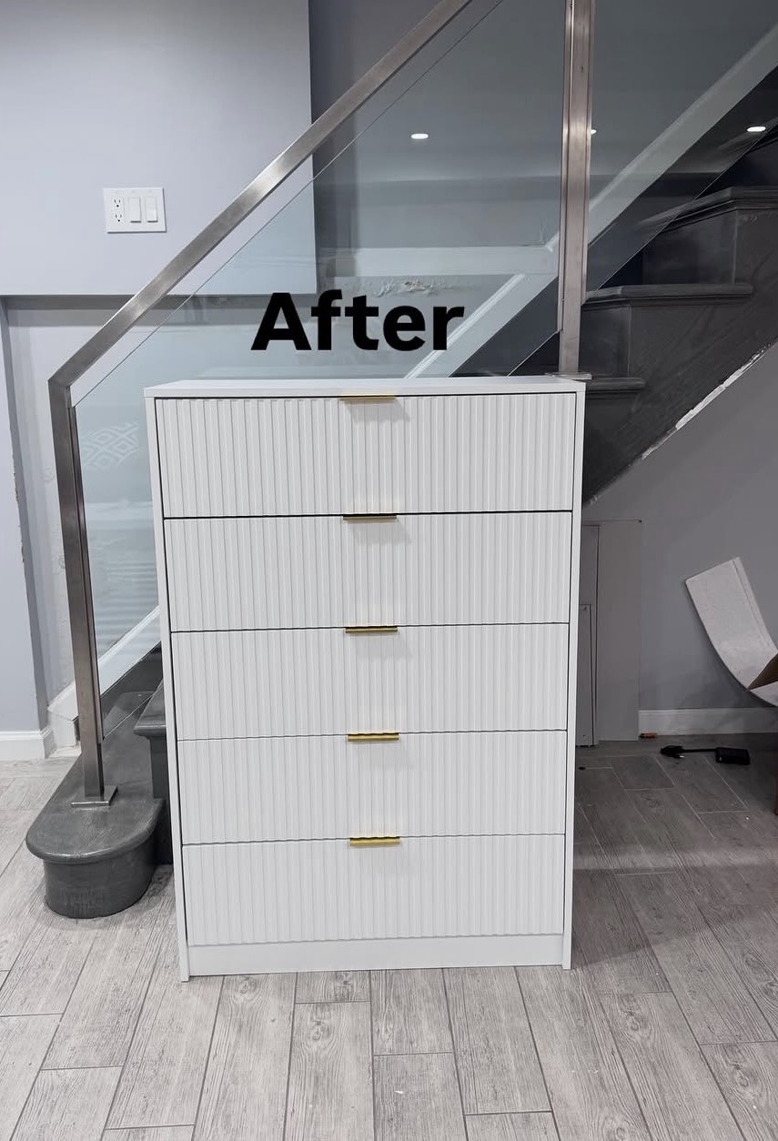 Completed white five-drawer chest